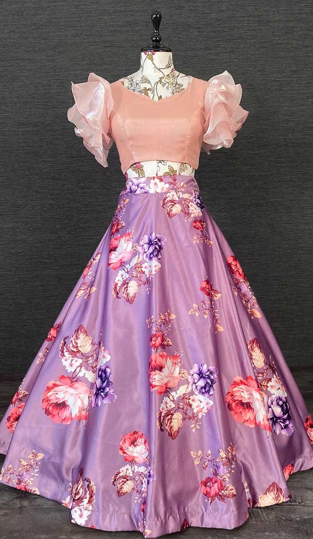 Purple Peach Color Floral Print Work Heavy Dull Satin Western Style Lehenga -4503155005