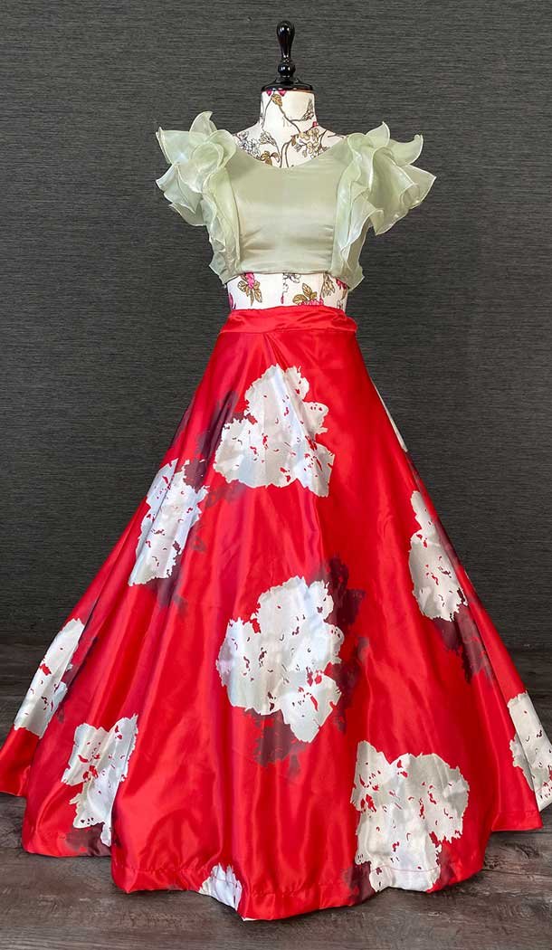 Red Pista Color Floral Print Work Heavy Dull Satin Western Style Lehenga -4503155007