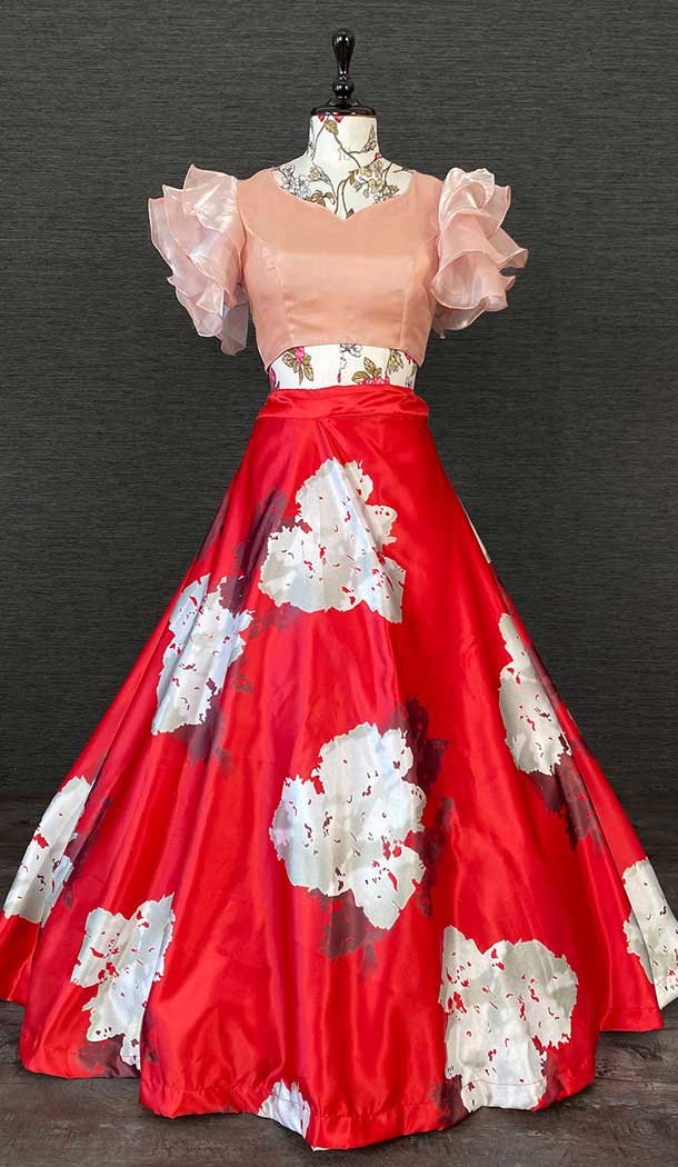 Red Peach Color Floral Print Work Heavy Dull Satin Western Style Lehenga -4503155008