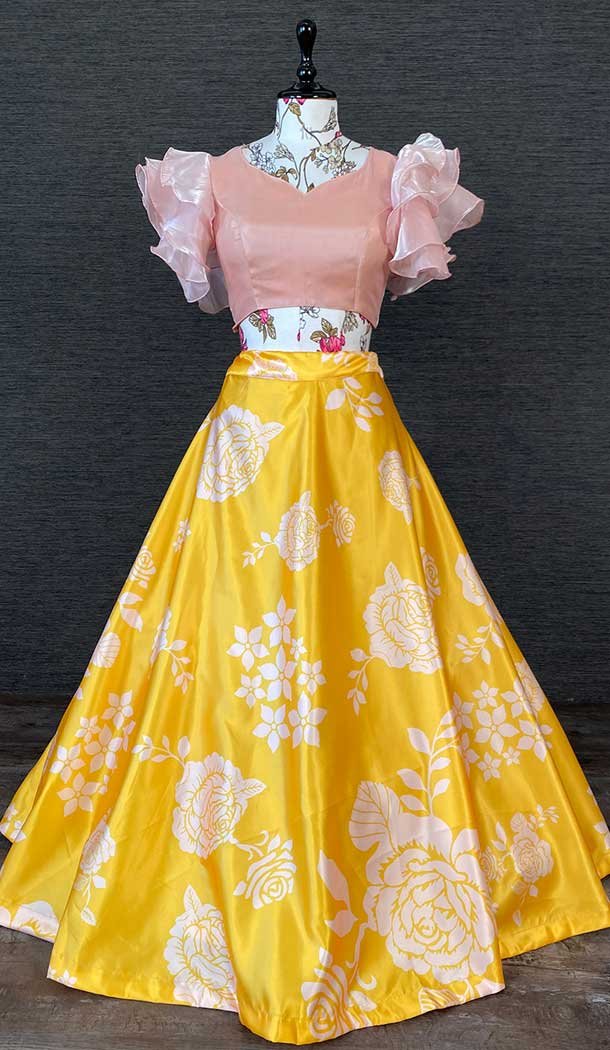 Yellow Peach Color Floral Print Work Heavy Dull Satin Western Style Lehenga -4503155010