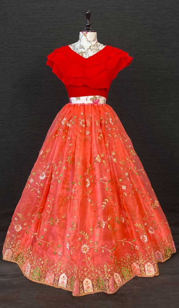 Orange Red Color Embroidery Cut Work Organza Western Style Lehenga -4503155011