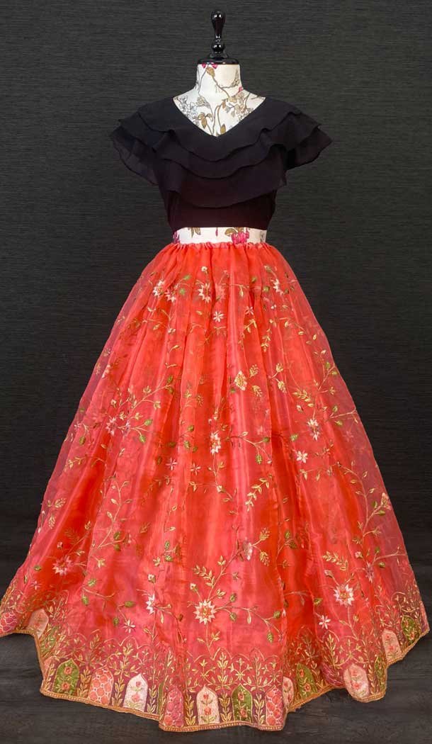 Orange Black Color Embroidery Cut Work Organza Western Style Lehenga -4503155012