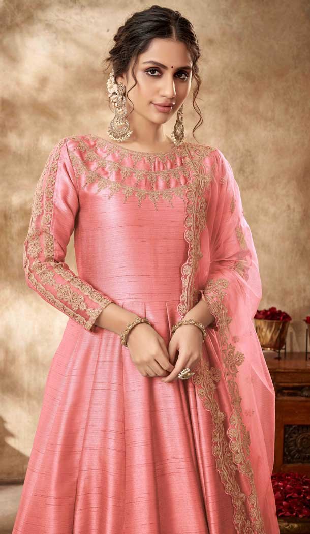 Charming Pink Color Embroidery Art Silk Pakistani Long Anarkali Salwar Kameez -4506155056