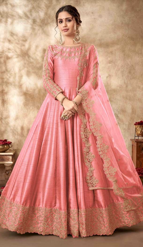 Charming Pink Color Embroidery Art Silk Pakistani Long Anarkali Salwar Kameez -4506155056