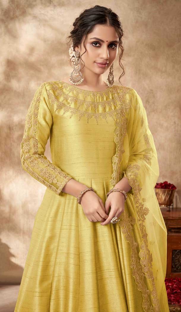 Attractive Yellow Color Embroidery Art Silk Pakistani Long Anarkali Salwar Kameez -4506155057