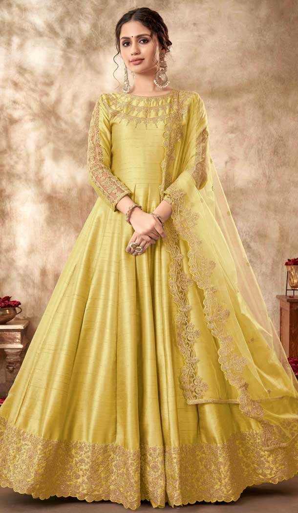 Attractive Yellow Color Embroidery Art Silk Pakistani Long Anarkali Salwar Kameez -4506155057