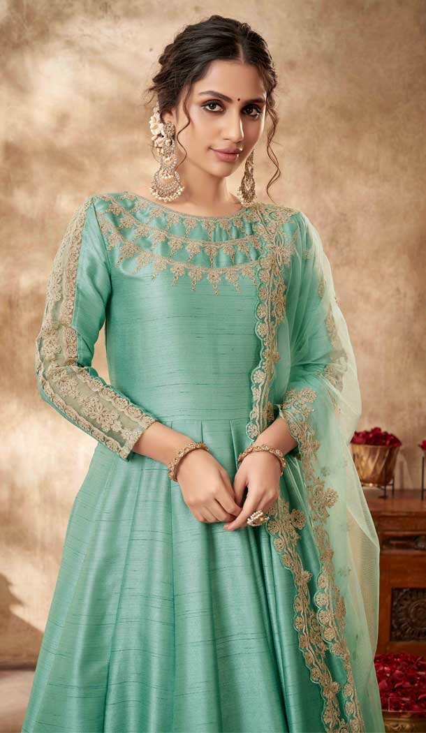 Enigmatic Light Rama Green Color Embroidery Art Silk Pakistani Long Anarkali Salwar Kameez – 4506155058