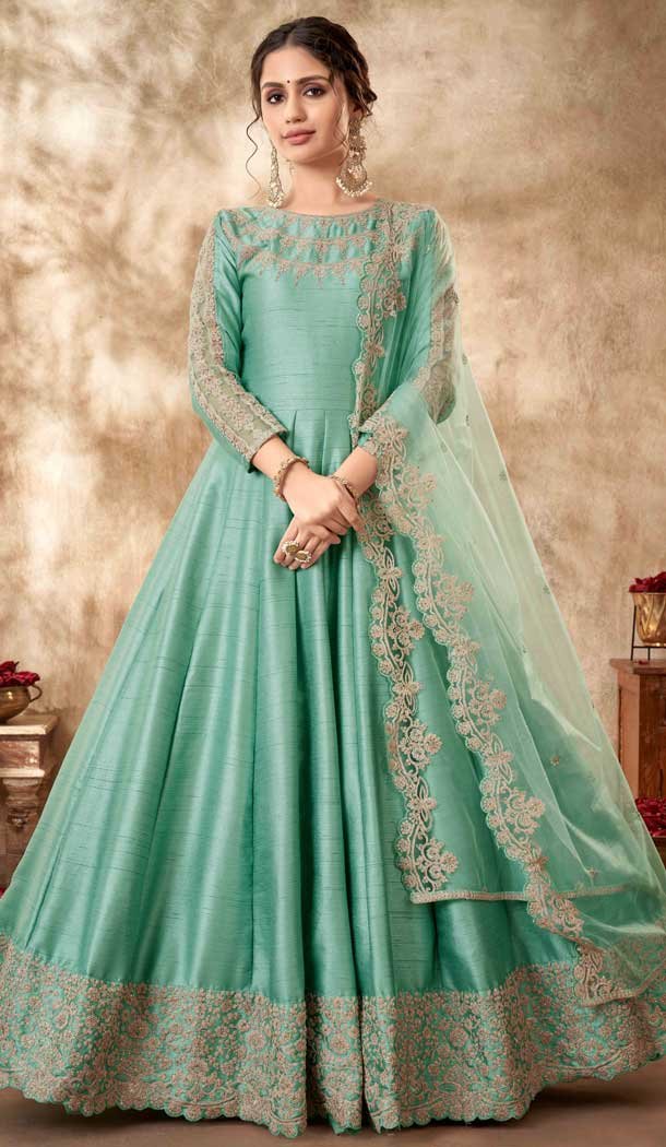 Enigmatic Light Rama Green Color Embroidery Art Silk Pakistani Long Anarkali Salwar Kameez – 4506155058