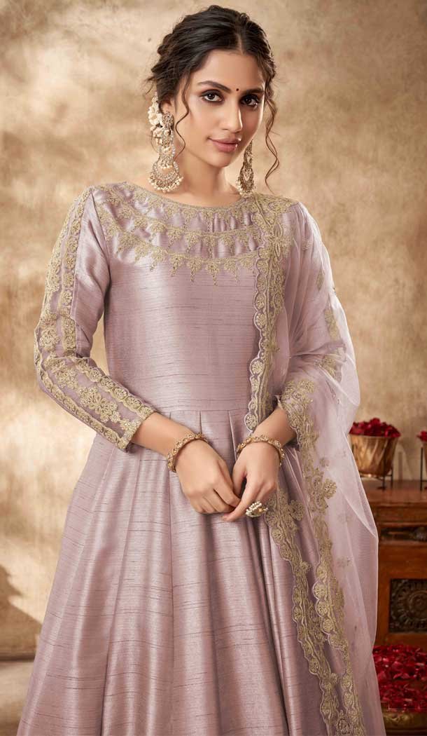 Ethnic Light Purple Color Embroidery Art Silk Pakistani Long Anarkali Salwar Kameez -4506155059