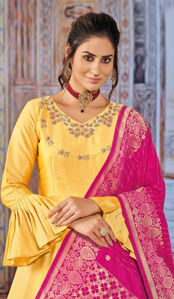 Yellow Color Art Silk Gown Style Readymade Party Salwar Kameez -4511155087