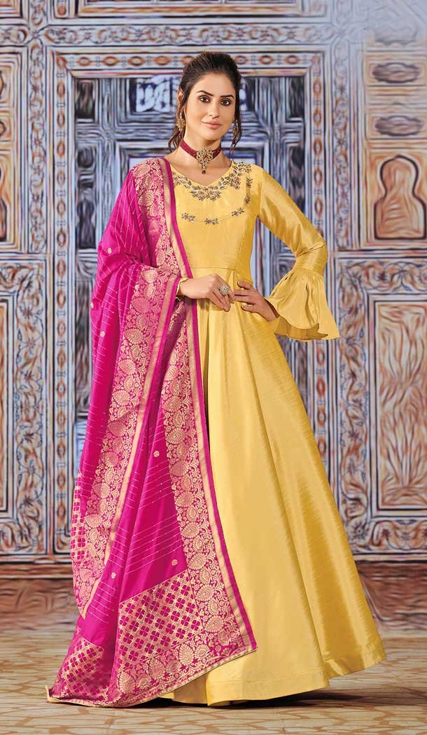 Yellow Color Art Silk Gown Style Readymade Party Salwar Kameez -4511155087