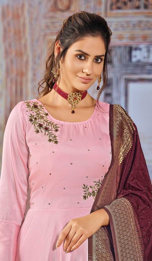 Light Pink Color Art Silk Gown Style Readymade Party Salwar Kameez-4511155088