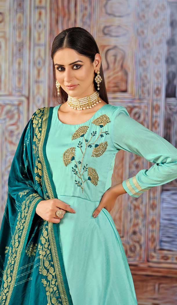 Sky Blue Color Art Silk Gown Style Readymade Party Salwar Kameez -4511155089