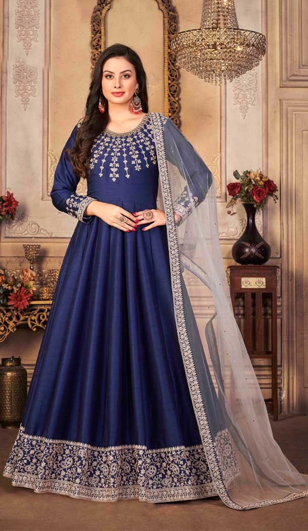 Navy Blue Color Art Silk Embroidered Designer Party Wear Art Silk Salwar Suit -4513155106