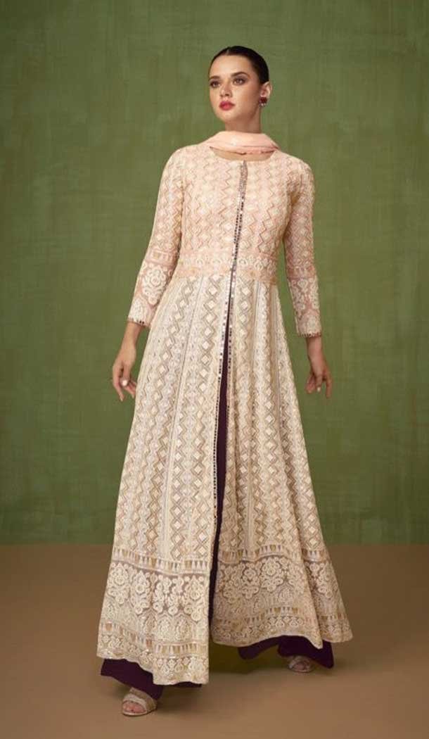 Off White Color Faux Georgette Embroidery Work Palazzo Style Salwar Kameez -4528155238