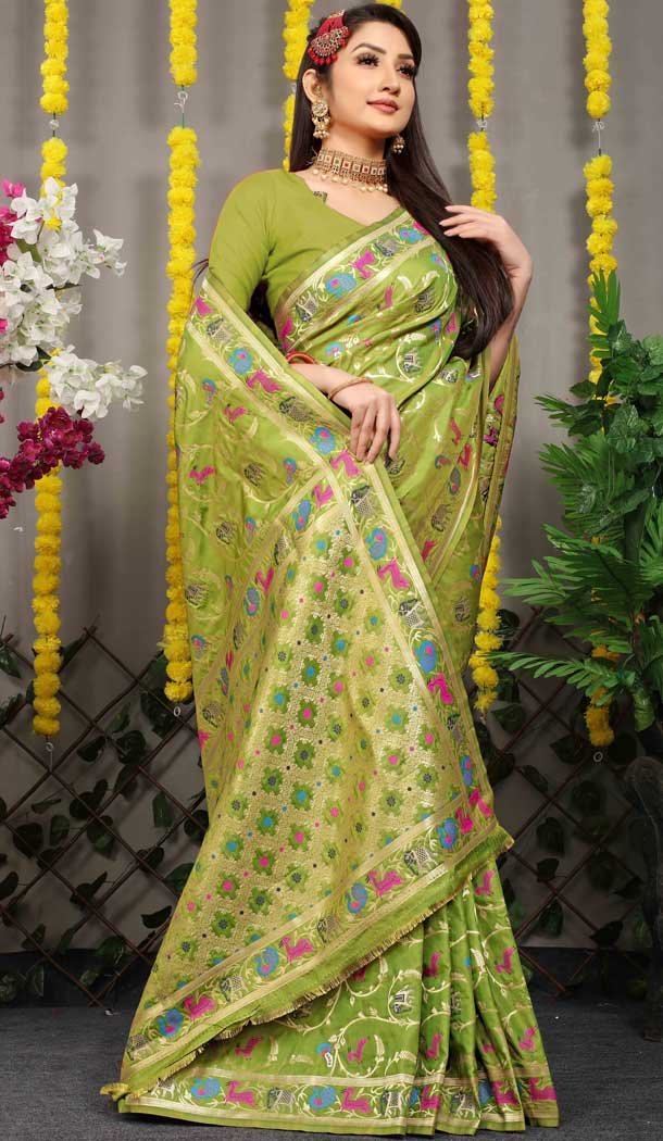 Green Jacquard Work Banarasi Silk Festival Wear Plus Size Saree – 4552155458