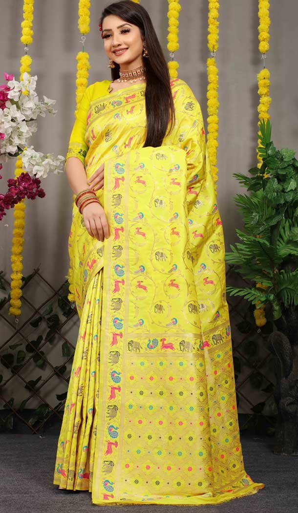 Yellow Jacquard Work Banarasi Silk Festival Wear Plus Size Saree – 4552155459