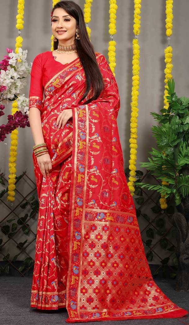 Red Jacquard Work Banarasi Silk Festival Wear Plus Size Saree – 4552155460