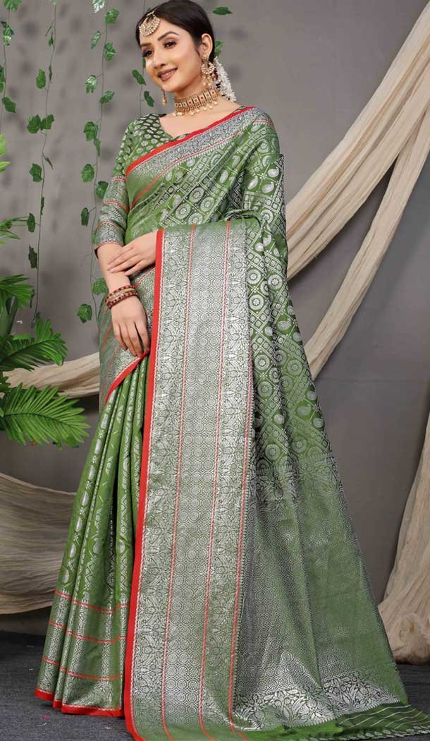 Green Color Jacquard Work Banarasi Silk Traditional Wear Saree Blouse -4553155461