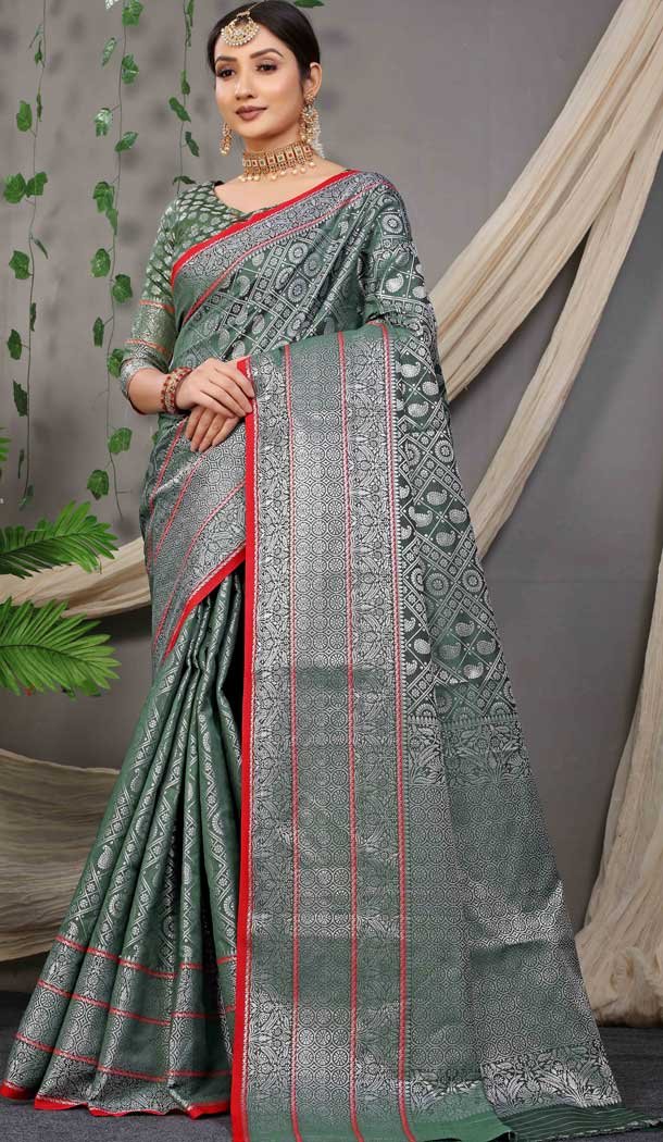 Green Color Jacquard Work Banarasi Silk Traditional Wear Saree Blouse -4553155464