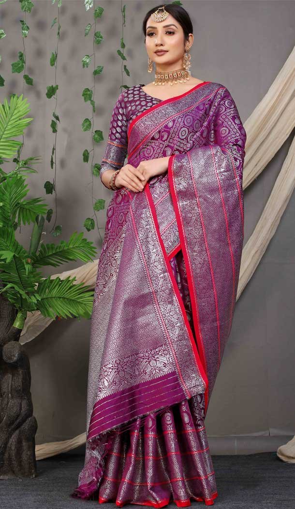 Dark Purple Color Jacquard Work Banarasi Silk Traditional Wear Saree Blouse -4553155466