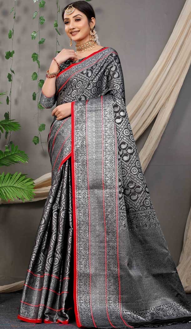 Black Color Jacquard Work Banarasi Silk Traditional Wear Saree Blouse -4553155468