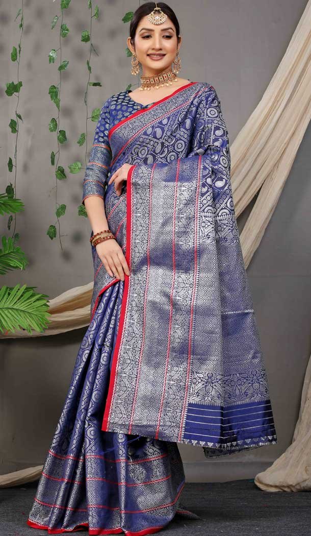 Blue Color Jacquard Work Banarasi Silk Traditional Wear Saree Blouse -4553155469