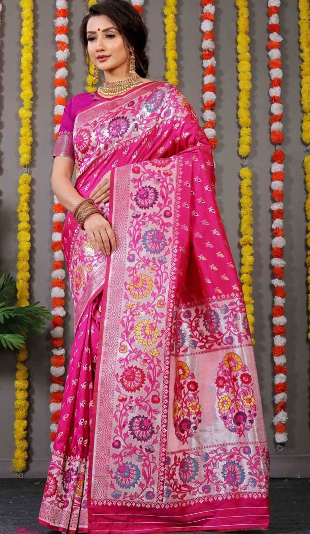 Pink Color Jacquard Work Banarasi Silk Wedding Wear Plus Size Saree Blouse -4554155470