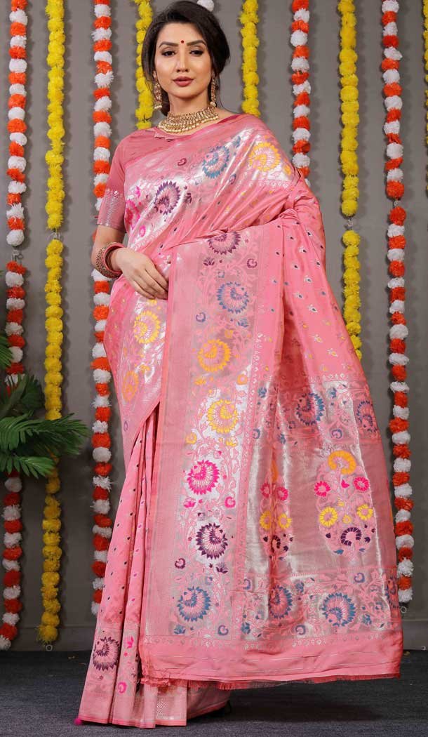 Light Pink Color Jacquard Work Banarasi Silk Wedding Wear Plus Size Saree Blouse -4554155471