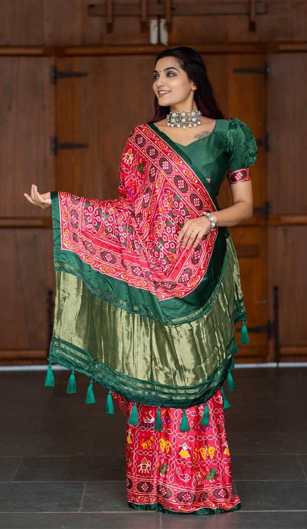 Red & Green Pure Gaji Silk Patola Print Traditional Party Wear Saree -4556155483