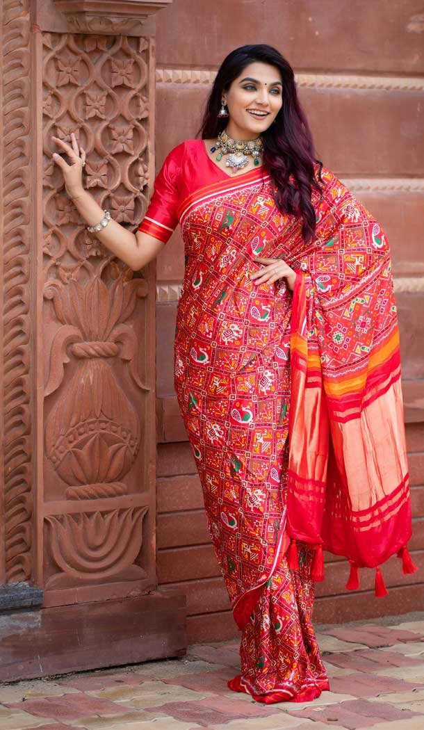 Red Color Pure Gaji Silk Patola Print Traditional Party Wear Saree -4556155486