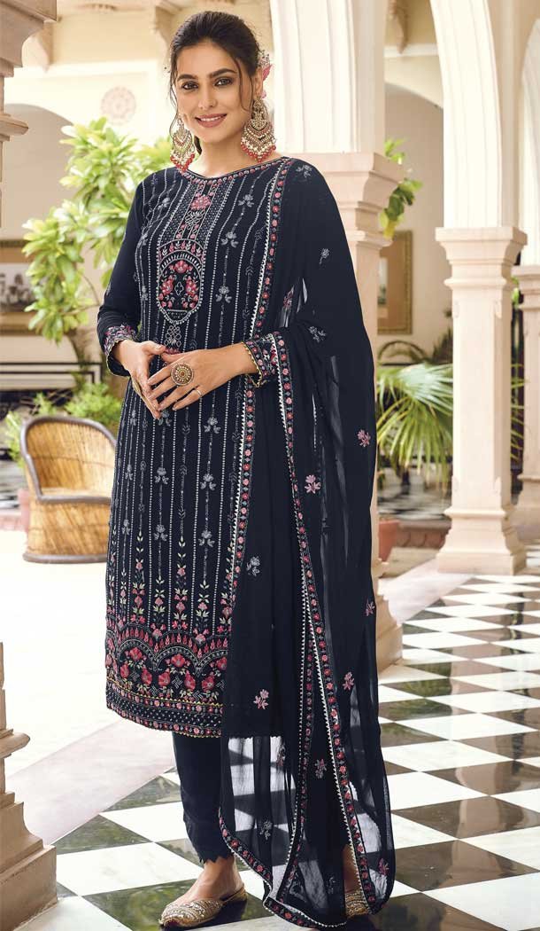 Navy Blue Color Faux Georgette Embroidery Work Casual Wear Churidar Kameez -4559155495