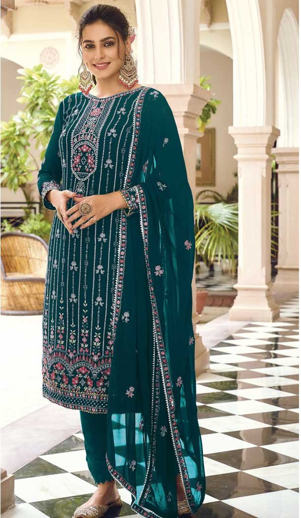 Sea Blue Color Faux Georgette Embroidery Work Casual Wear Churidar Kameez -4559155497