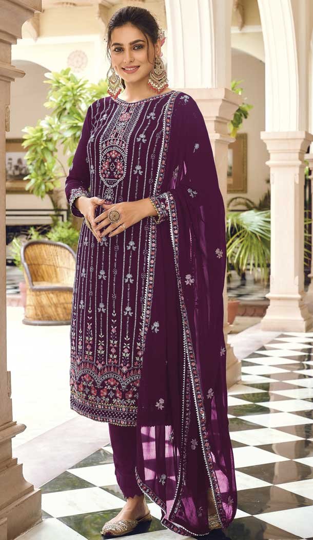 Wine Color Faux Georgette Embroidery Work Casual Wear Churidar Kameez -4559155498