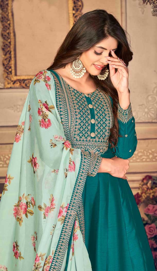 Teal Blue Color Embroidery Work Jiyo Silk Slub Wedding Wear Anarkali Salwar Kameez -4561155504