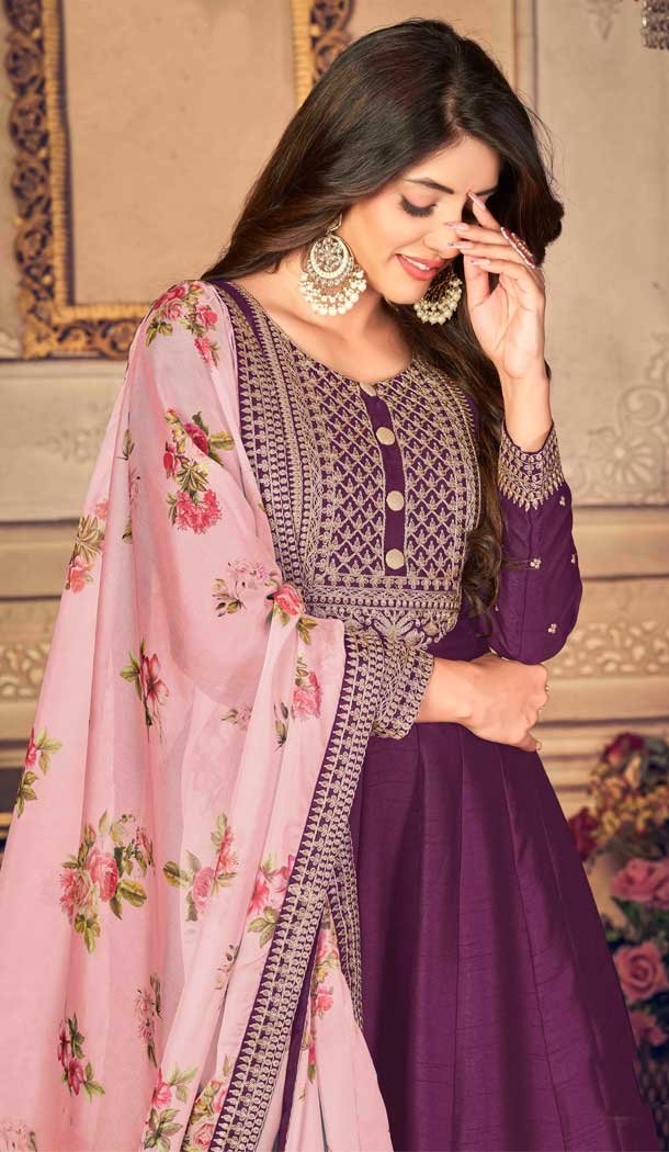 Wine Color Embroidery Work Jiyo Silk Slub Wedding Wear Anarkali Salwar Kameez -4561155505