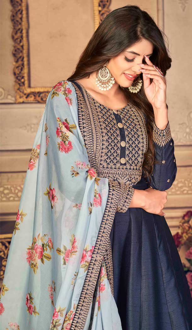 Navy Blue Color Embroidery Work Jiyo Silk Slub Wedding Wear Anarkali Salwar Kameez -4561155506