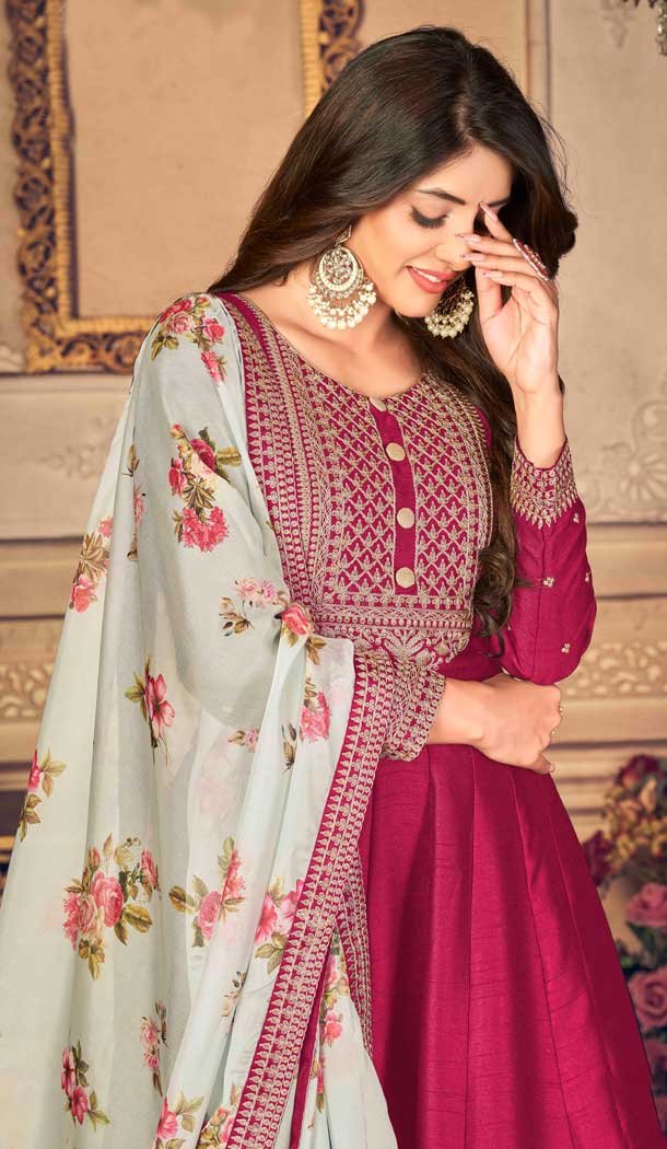 Pink Color Embroidery Work Jiyo Silk Slub Wedding Wear Anarkali Salwar Kameez -4561155507