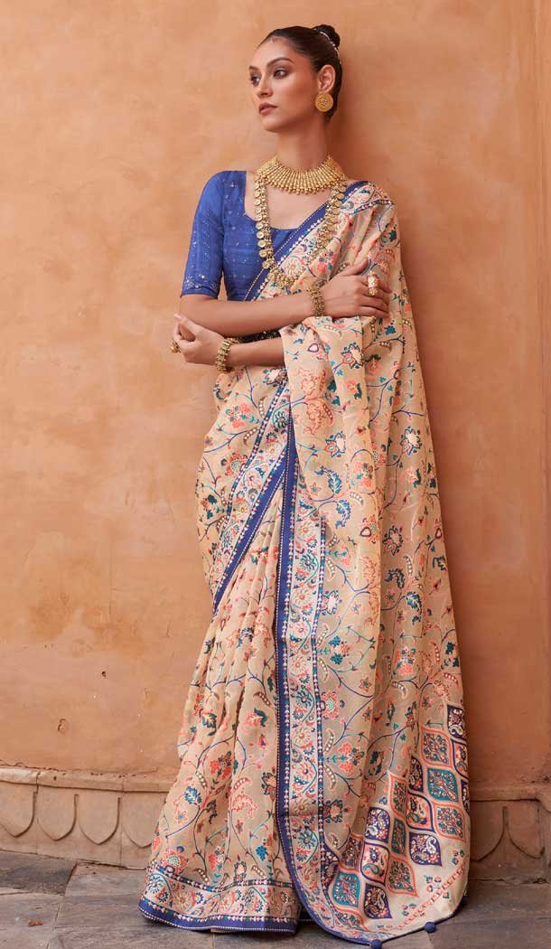 Blue Color Hand Work Pure Brasso Traditional Festive Wear Designer Saree -4576155635