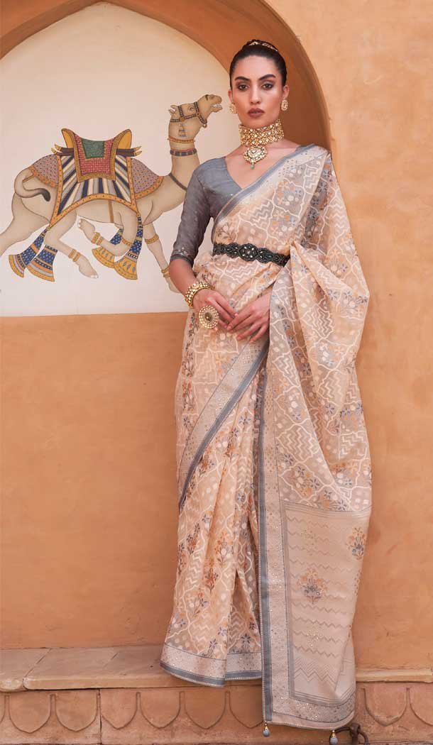 Grey Color Hand Work Pure Brasso Traditional Festive Wear Designer Saree -4576155638