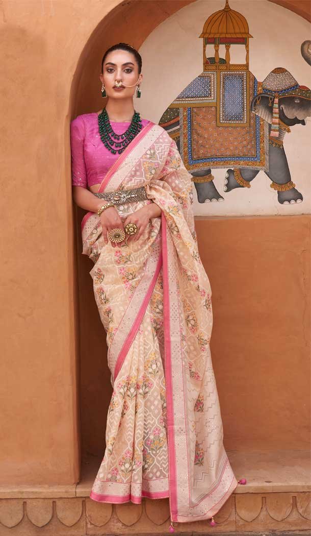 Pink Color Hand Work Pure Brasso Traditional Festive Wear Designer Saree -4576155639