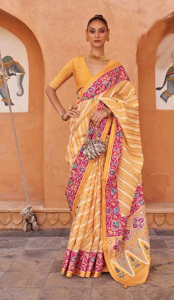 Yellow Color Hand Work Pure Brasso Traditional Festive Wear Designer Saree -4576155640