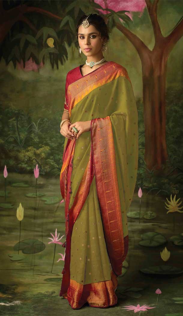 Olive Green Color Digital Print Work Brasso Traditional Wear Saree -4577155643