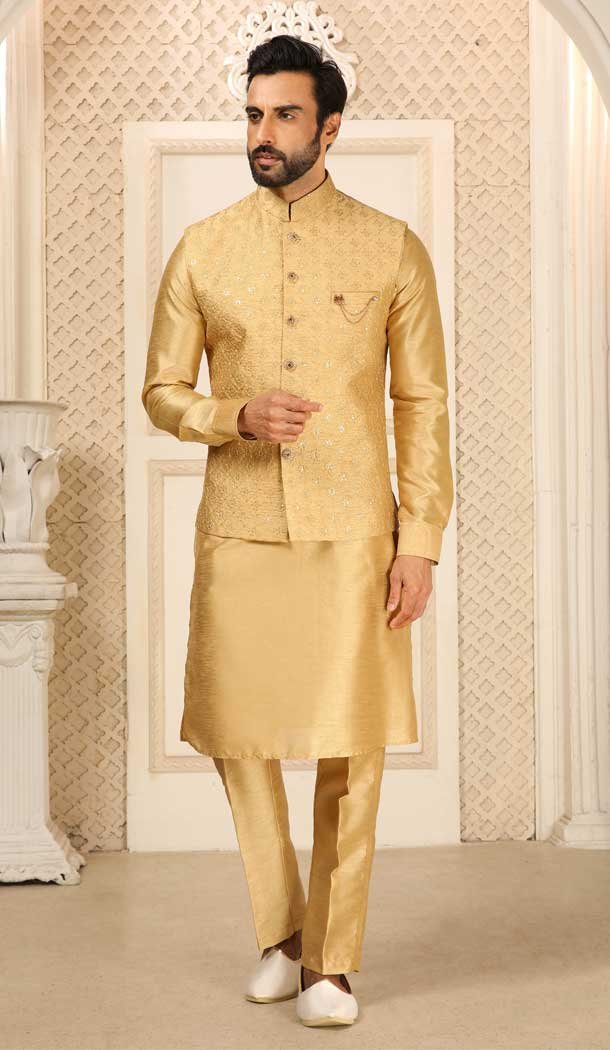 Gold Banarasi Art Silk Work Wedding Wear Men’s Kurta Pajama With Jacket -4606155887