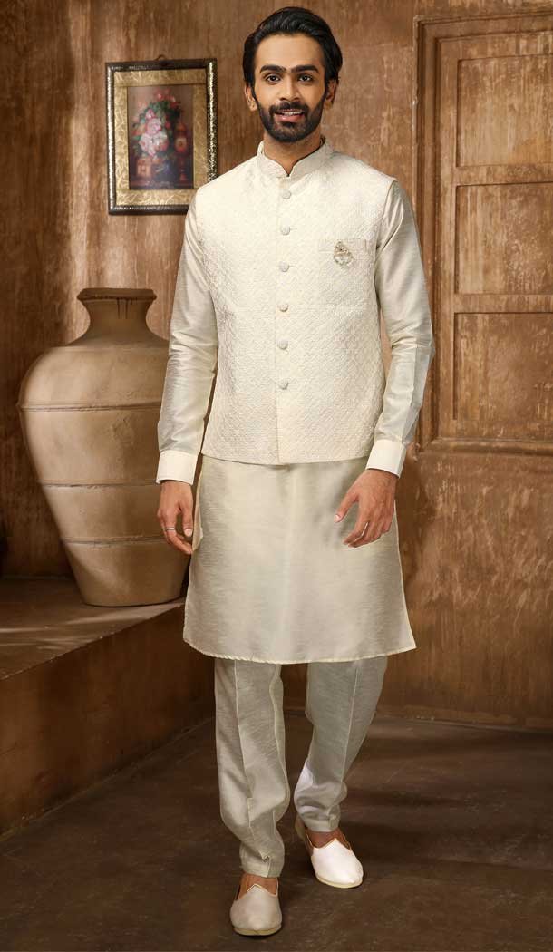 Cream Banarasi Art Silk Work Wedding Wear Men’s Kurta Pajama With Jacket -4606155893