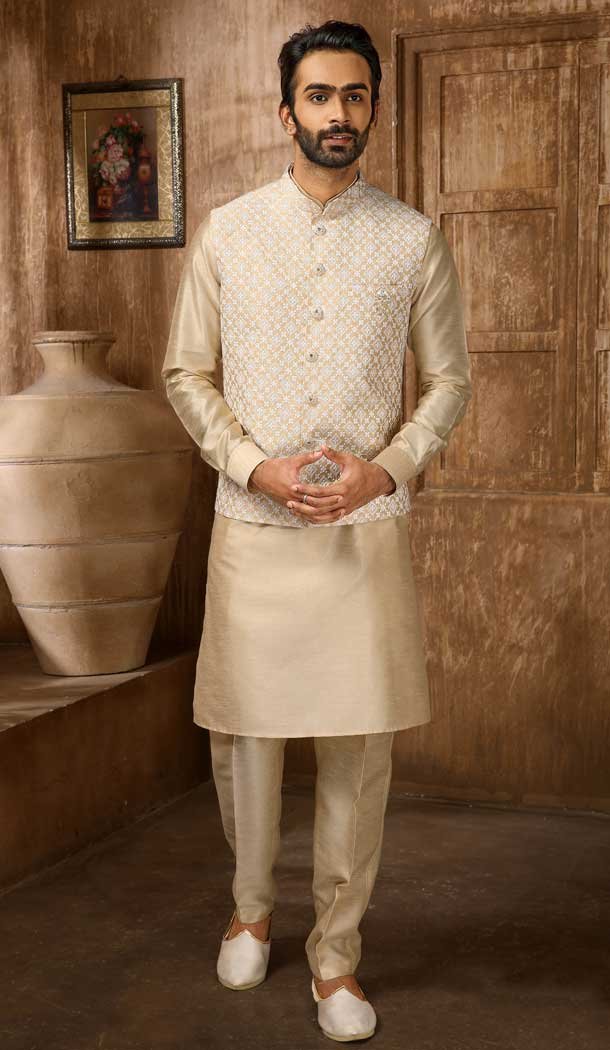 Light Gold Banarasi Art Silk Work Wedding Wear Men’s Kurta Pajama With Jacket -4606155894