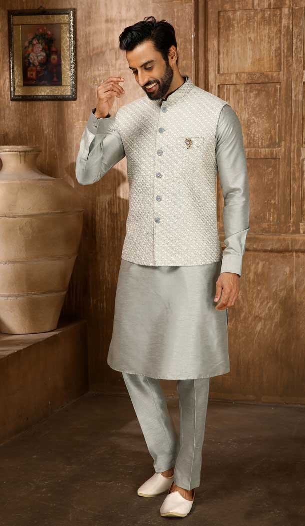 Grey Banarasi Art Silk Work Wedding Wear Men’s Kurta Pajama With Jacket -4606155901