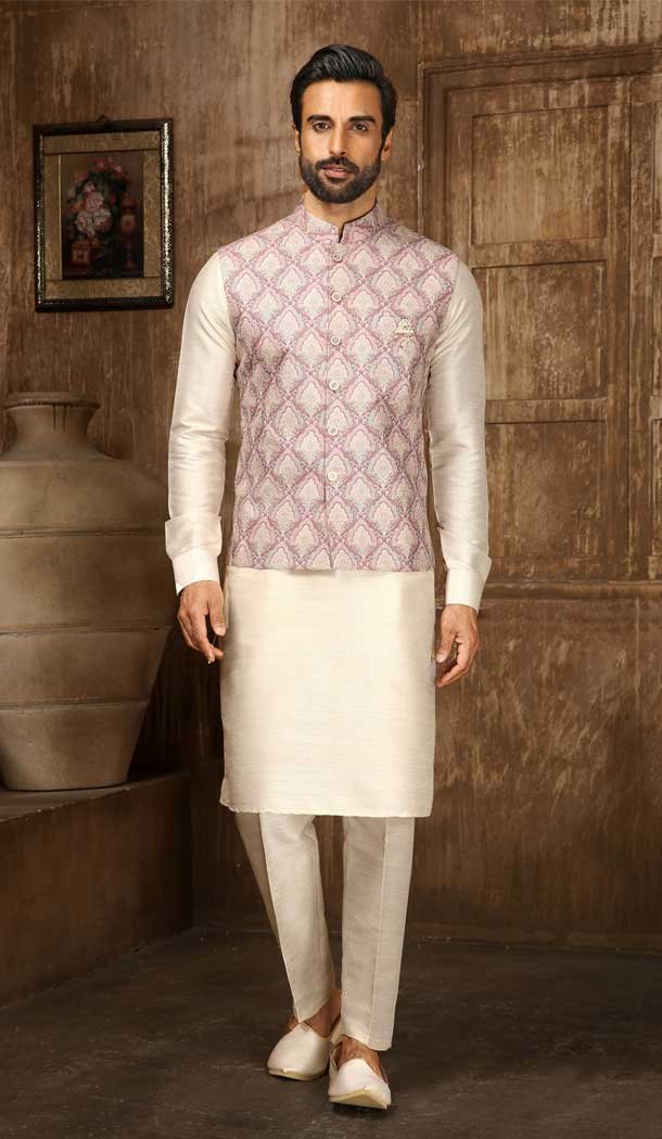 Digital Printed Thread Work Onion Cream Color Men’s Wedding Wear Kurta Pajama With Jacket -4606155909