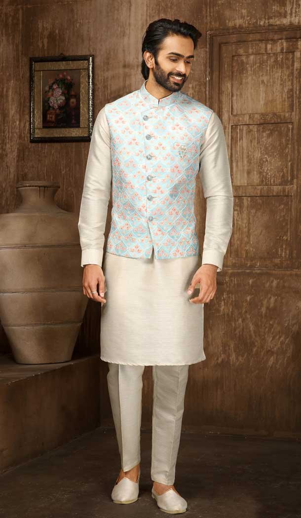 Digital Printed Thread Work Sky Blue Cream Color Men’s Wedding Wear Kurta Pajama With Jacket -4606155913