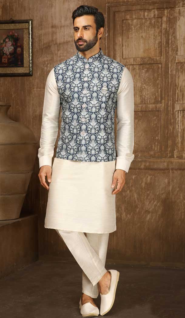 Digital Printed Thread Work Blue Cream Color Men’s Wedding Wear Kurta Pajama With Jacket -4606155914